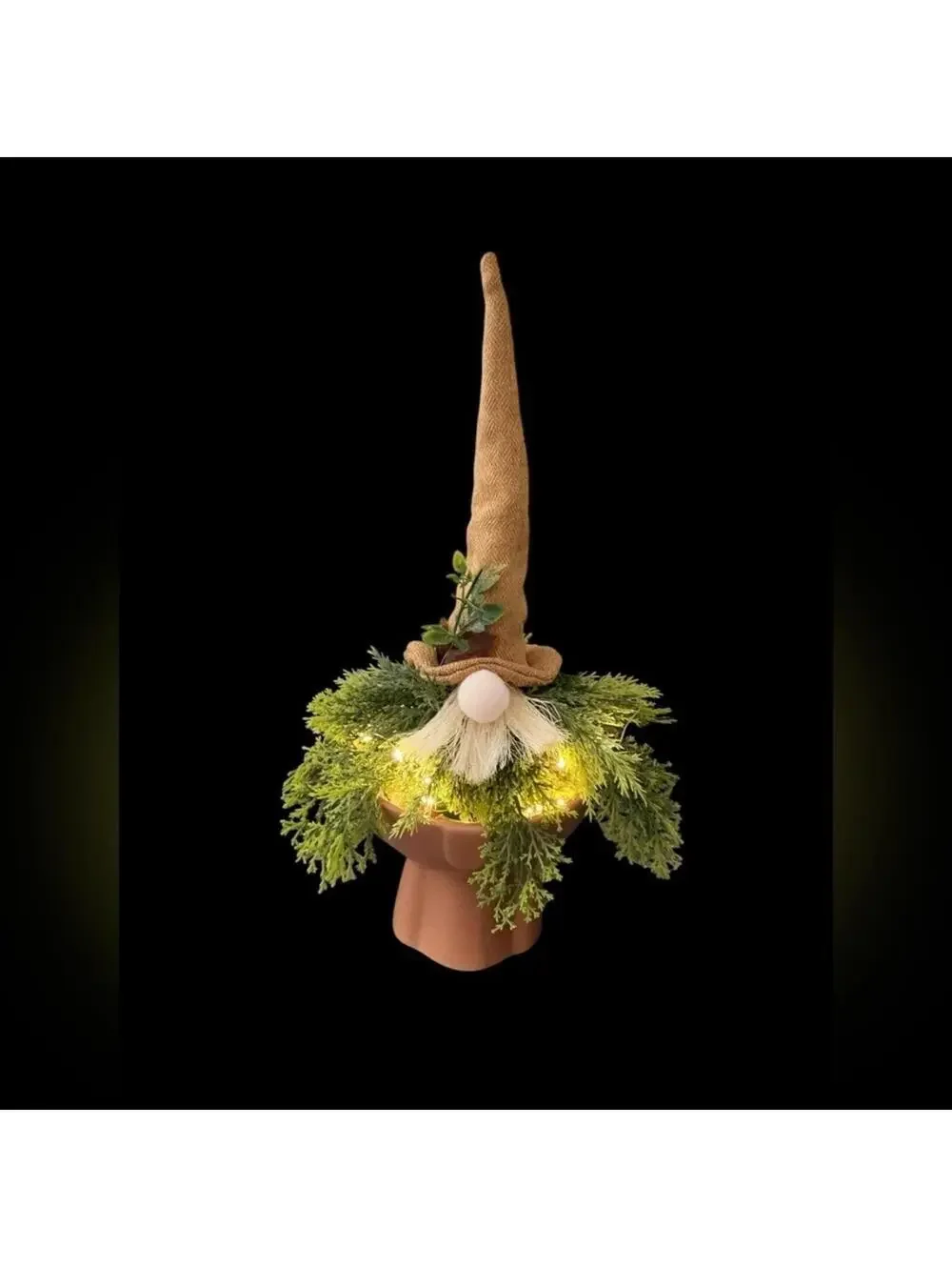 Handcrafted Whimsical Lighted Gnome with Greenery & Rustic Hat